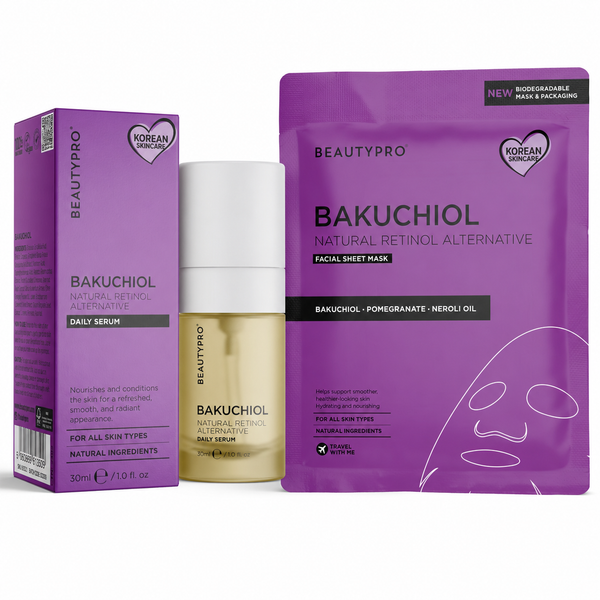 Beautypro Bakuchiol Natural Retinol Alternative facial sheet mask set, featuring a purple daily serum box, a gold serum bottle, and a purple sheet mask pouch on a white background.