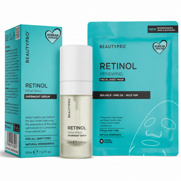 BEAUTYPRO Retinol Renewing Facial Sheet Mask set, featuring a turquoise packaging box, a matching sheet mask pouch, and a clear bottle with a white cap containing a pale yellow serum, shown on a white background.