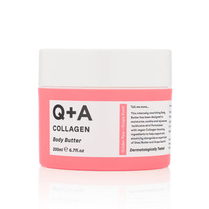 Q+A Collagen Body Butter jar with pink and white design on a white background