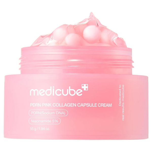 Pink collagen capsule cream jar with 'medicube' branding on a white background