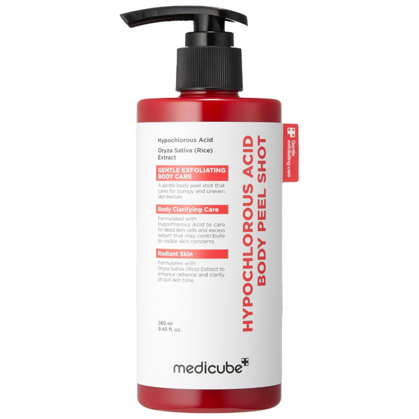 Red and white bottle of Medicube Hypochlorous Acid Body Peel Shot on a white background