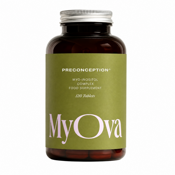 A dark amber supplement bottle with a silver metal cap and an olive green label reading 'PRECONCEPTION MYO-INOSITOL COMPLEX FOOD SUPPLEMENT 120 Tablets' and 'MyOva'.