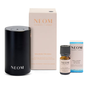 NEOM Wellbeing Pod Mini+ Waterless Essential Oil Diffuser - Black and Real Luxury De-Stress Essential Oil Blend Duo