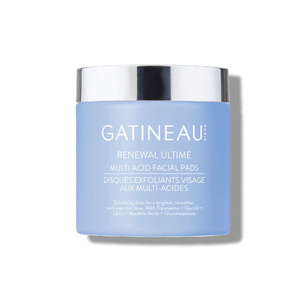 A jar of Gatineau Renewal Ultime Multi-Acid Facial Pads on a white background. The jar has a light blue body with white text and a reflective silver lid.