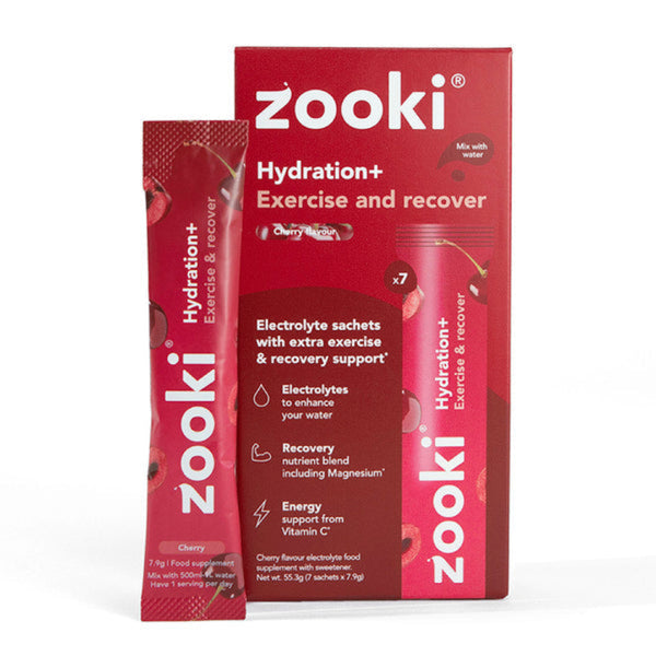 Zooki Hydration+ Exercise and Recover package with a red background