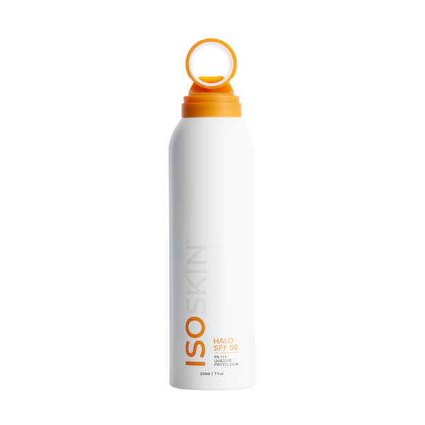 White bottle with orange cap labeled 'ISO Skin' on a white background