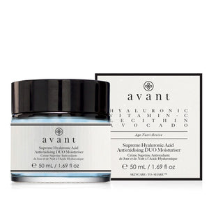 Avant Skincare Supreme Hyaluronic Acid Anti-oxidising DUO Moisturiser and packaging