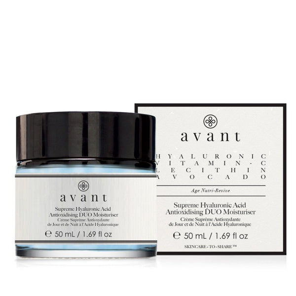 Avant Skincare Supreme Hyaluronic Acid Anti-oxidising DUO Moisturiser and packaging