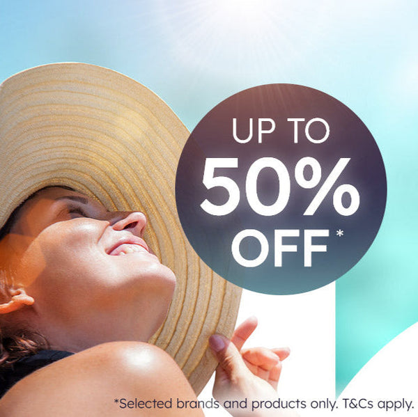 Woman wearing a sun hat with a promotional offer for up to 50% off on a blue and white background.