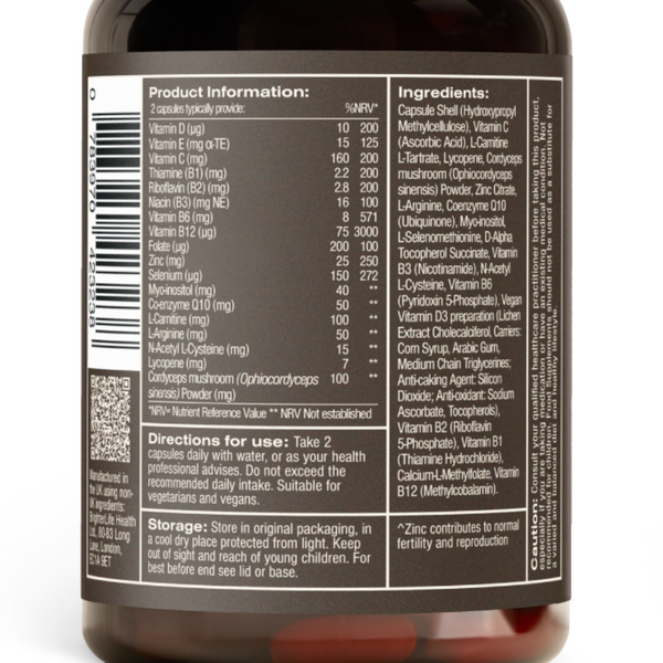 Back view of a dark amber brown supplement bottle with a ribbed silver cap, showing the detailed black nutrition facts label on a white background.