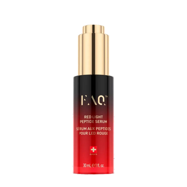 HAQI Red Light Peptide Serum in a black and red gradient bottle with a gold cap, centered on a plain white background.