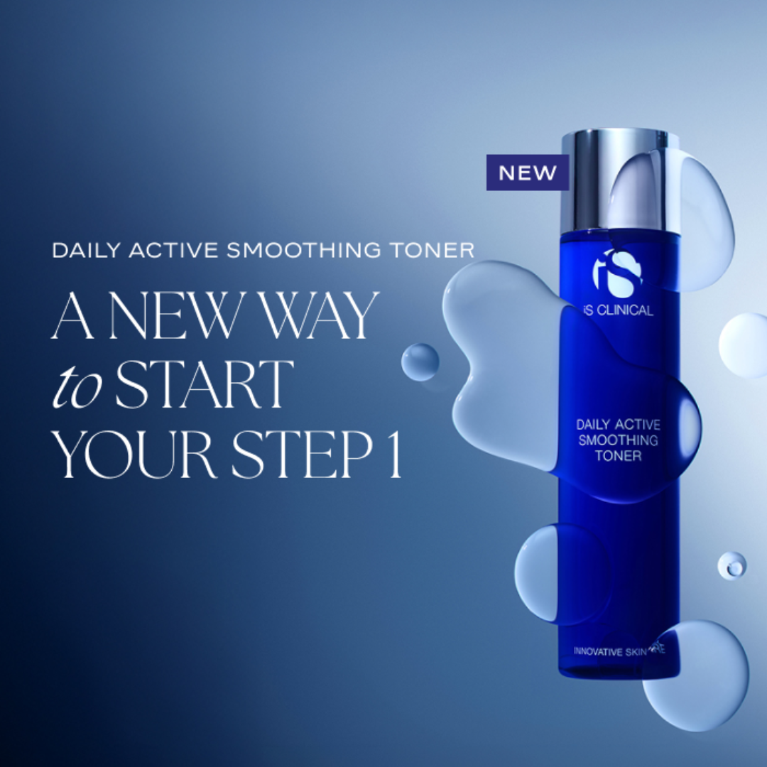 A blue bottle of Innovative Skin Clinical Daily Active Smoothing Toner with a silver pump, set against a blue gradient background with floating liquid droplets and promotional text.
