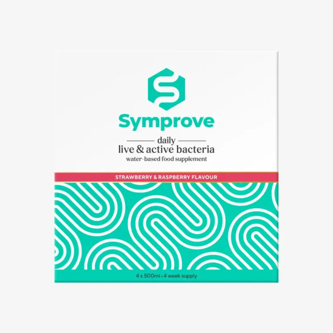Symprove daily live & active bacteria water-based food supplement box, Strawberry & Raspberry Flavour. The packaging features a white top half with the teal Symprove logo and black text, and a bottom half with a teal and white wavy pattern.