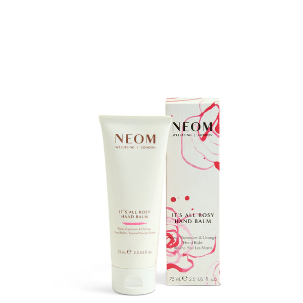 Neom hand balm with packaging on a white background