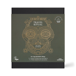 Ancient Brave Travel Ritual Wellness On-The-Go supplement box, featuring a dark olive green front with gold geometric owl artwork and black sides, shown on a white background.