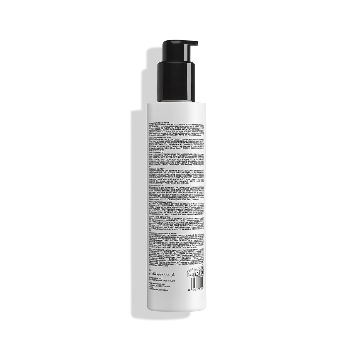 White bottle with black pump and label on a white background
