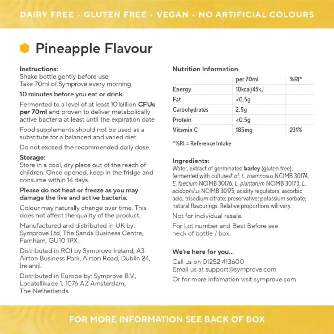 Front packaging panel of a pineapple-flavored supplement drink powder by Symprove, showing flavor callout, usage instructions, nutrition information, ingredients, and distribution details on a white background with a yellow header.