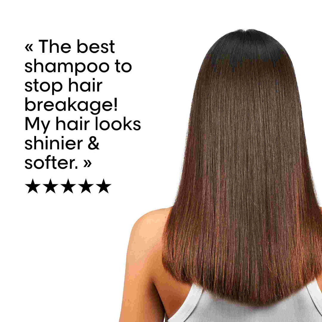 Person with long, straight hair on a white background with text about shampoo benefits.