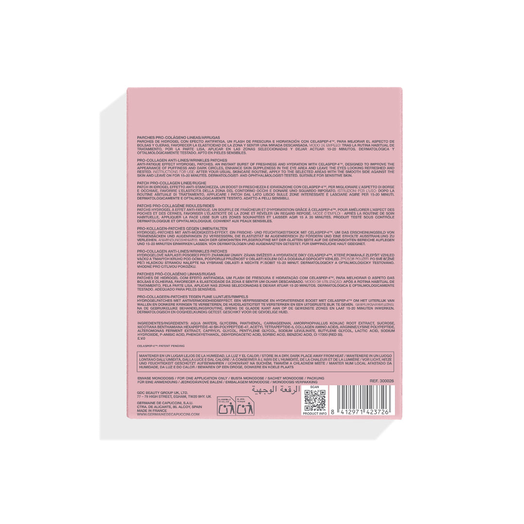 The back of a pink rectangular product box with dense multilingual text, a barcode, and a small circular logo near the bottom, shown on a white background with a soft shadow.
