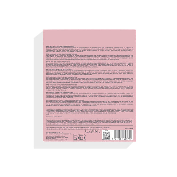 The back of a pink rectangular product box with dense multilingual text, a barcode, and a small circular logo near the bottom, shown on a white background with a soft shadow.