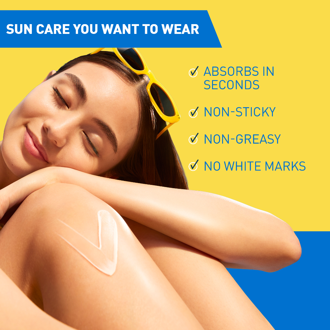 Woman applying sun care product with text highlighting features on a yellow and blue background