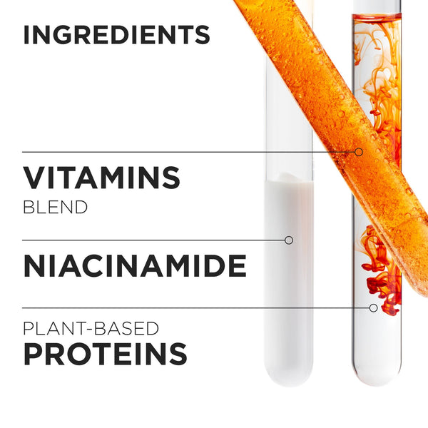 Promotional graphic for a plant-based protein powder or supplement, showing two clear test tubes on a white background with text labels: 'INGREDIENTS', 'VITAMINS BLEND', 'NIACINAMIDE', and 'PLANT-BASED PROTEINS'. One tube contains a white powder, and the other shows orange liquid mixing in.