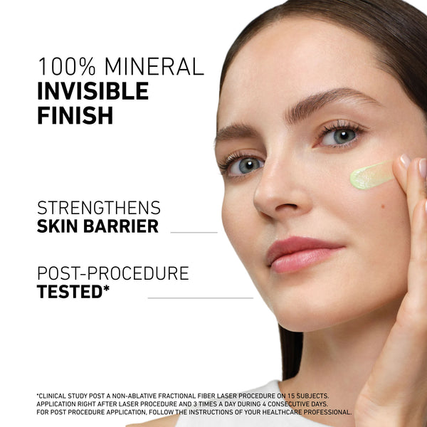 Woman applying cream to her face with text about a 100% mineral invisible finish skincare product.