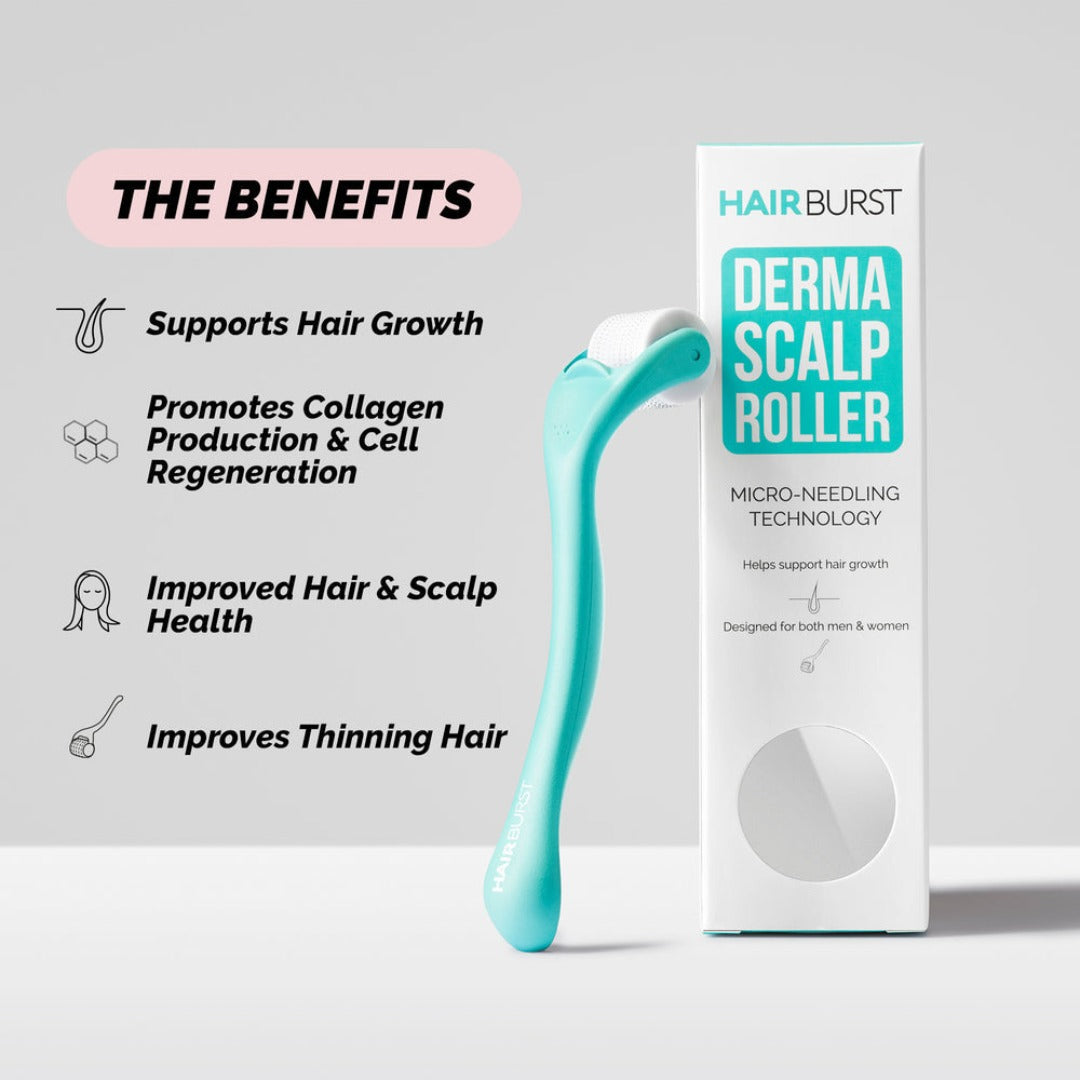 Hairburst Derma Scalp Roller with packaging and benefits listed on a gray background