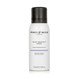 A 75ml white aerosol can of Percy Reed London Heat Protect Spray with a black cap, shown on a clean white background.