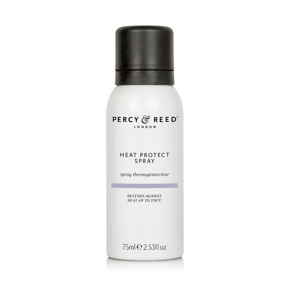 A 75ml white aerosol can of Percy Reed London Heat Protect Spray with a black cap, shown on a clean white background.