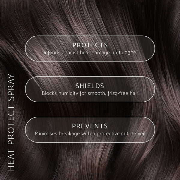 Dark brown hair texture background with three rounded text boxes reading 'PROTECTS', 'SHIELDS', and 'PREVENTS' plus vertical text 'HEAT PROTECT SPRAY' on the left.