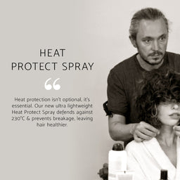 Promotional graphic for Heat Protect Spray featuring a hairstylist holding a client's hair next to a bottle of the product, with text on the left explaining heat protection benefits.