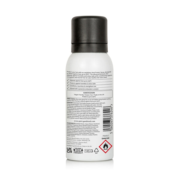 Back view of a white cylindrical bottle with a black cap, showing the product information label, barcode, and a red hazard symbol on a white background.