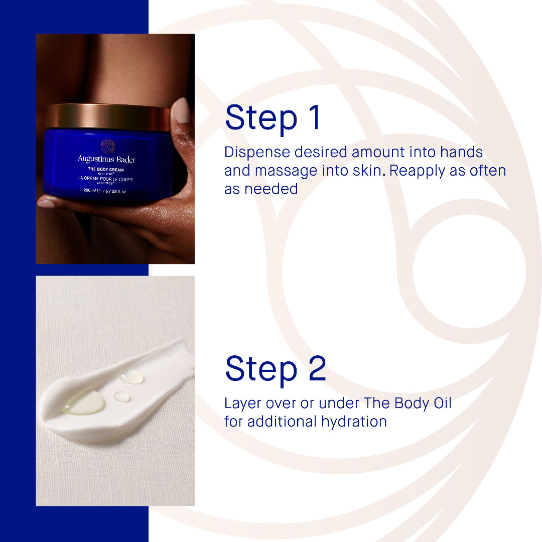 Cosmetic product with application steps displayed on a blue and white background