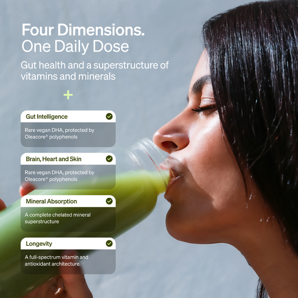 Person drinking a green supplement with product features listed on a gray background