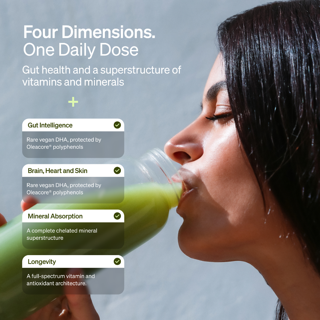 Person drinking a green supplement with product features listed on a gray background