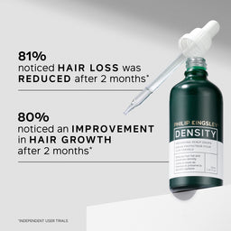 Bottle of Philip Kingsley Density product with dropper on a gray background