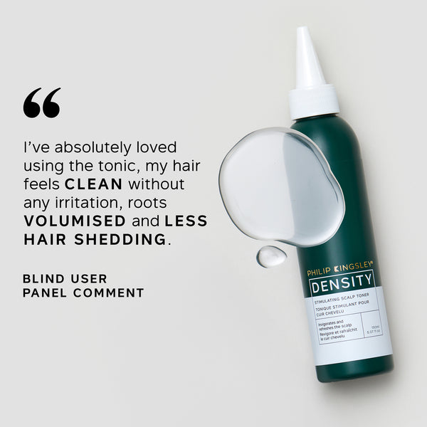 Philipsen Kingsley Density tonic bottle with user comment on a light background