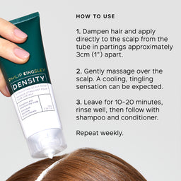 Tube of Philip Kingsley Density product with application instructions on a gray background