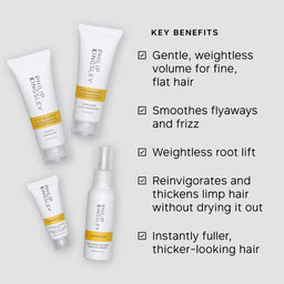 Four Philips Kingsey haircare products on a light gray background with text listing key benefits such as gentle volume for fine hair, smoothing flyaways, weightless root lift, and thicker-looking hair.