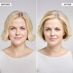 Before-and-after comparison of a blonde woman's short bob haircut, shown from the shoulders up against a light gray background. The left side is labeled BEFORE and shows a slightly shorter, softer bob, while the right side is labeled AFTER and shows a fuller, slightly longer bob.