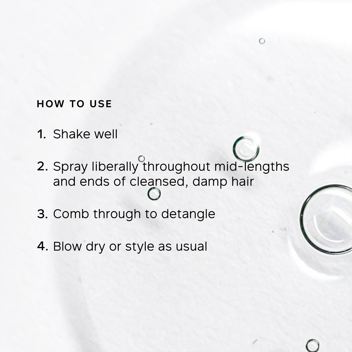 Instructions for using a hair care product with text and droplet graphics on a white background