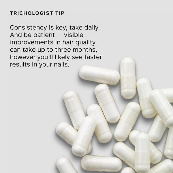 White capsules on a light gray background with text about hair care consistency.