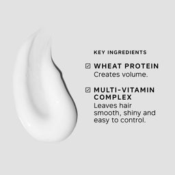 Key ingredients of a hair care product with wheat protein and multi-vitamin complex on a light gray background.