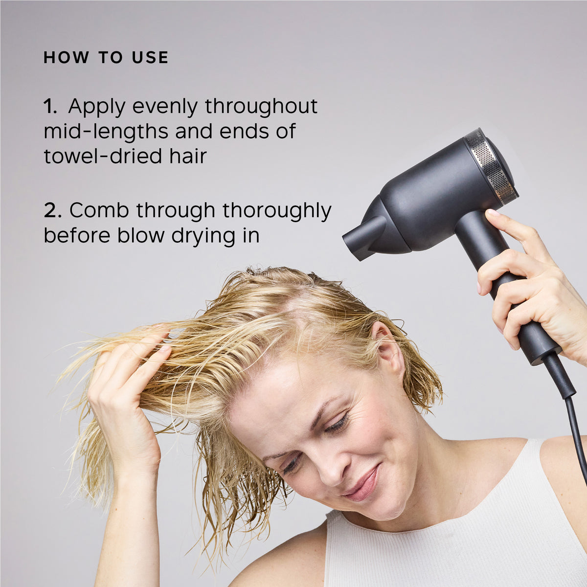 Woman using a hair dryer with text on how to use it