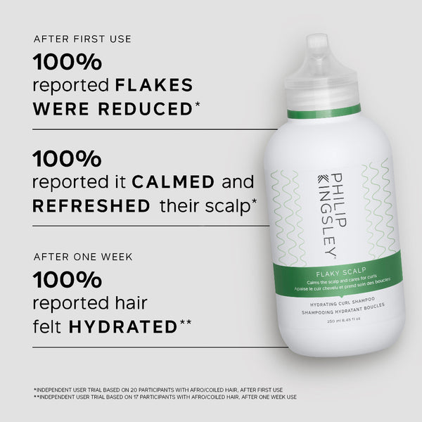 A bottle of PHILIP RINDSEY Flaky Scalp Hydrating Curl Shampoo on a light gray background with promotional text detailing user-reported benefits after first use and after one week.
