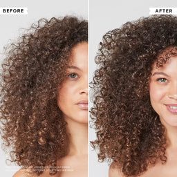 Before and after comparison of a woman's hair with curly hair, showing a positive transformation.