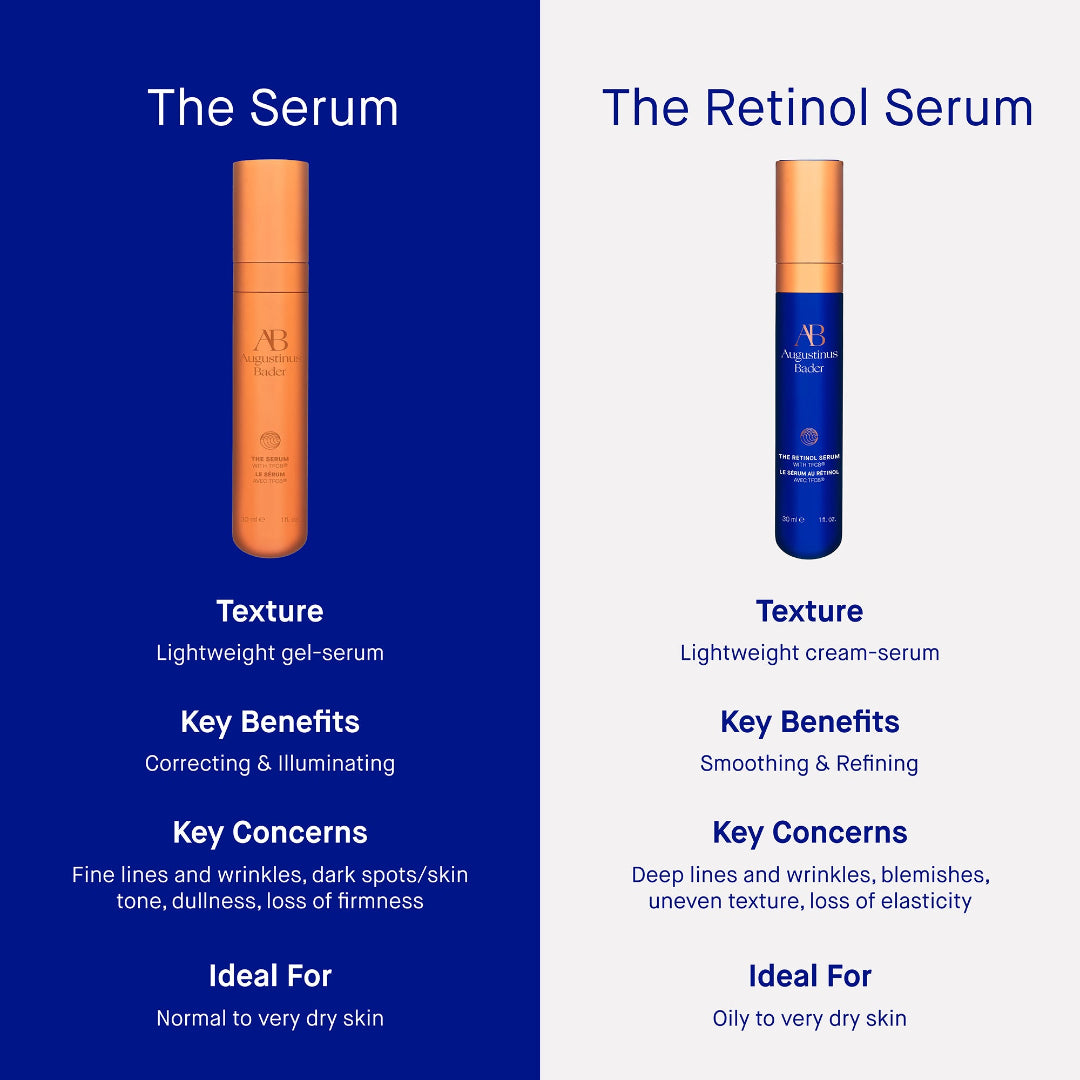 Two skincare serum products with their features and benefits on a blue and white background.