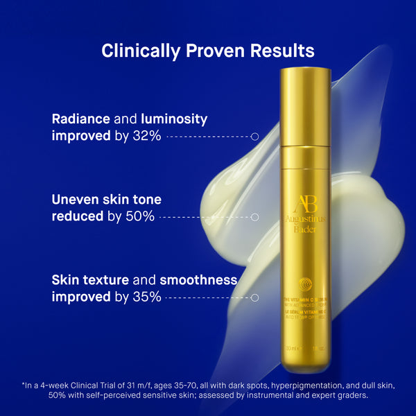 Gold skincare bottle with clinical results on a blue background