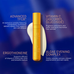 Gold skincare bottle with text detailing ingredients on a blue background